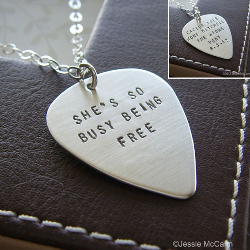 Personalized Guitar Pick Necklace Hand Stamped Sterling Silver Custom Necklace with Names, Message or Lyrics Double-Side Stamping image 1