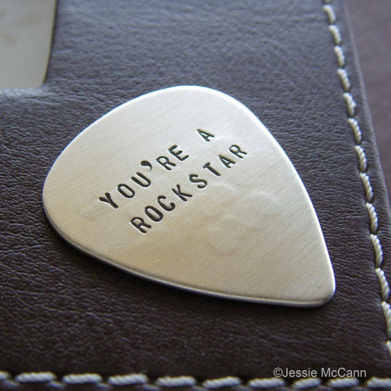 Custom Guitar Pick Personalized Hand Stamped Sterling Silver Pick Heavy Guage with Double-Side Stamping Makes a Great Gift image 2