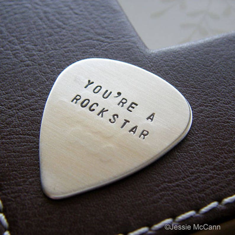 Custom Guitar Pick Personalized Hand Stamped Sterling Silver Pick Heavy Guage with Double-Side Stamping Makes a Great Gift image 3