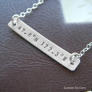 Longitude Latitude Silver Bar Necklace - Personalized GPS Coordinates - Hand Stamped Sterling SilverJewelry - Optional Birthstone or Pearl