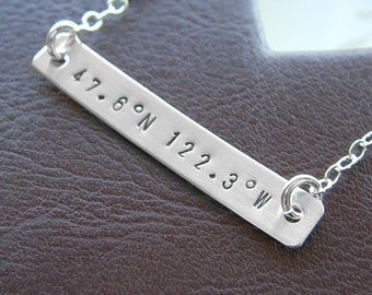 Longitude Latitude Silver Bar Necklace - Personalized GPS Coordinates - Hand Stamped Sterling SilverJewelry - Optional Birthstone or Pearl