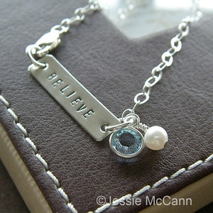 Personalized Bar Bracelet - Custom Sterling Silver Hand Stamped Jewelry - &quot;Believe&quot; Inspiration Bracelet with Birthstone and Pearl