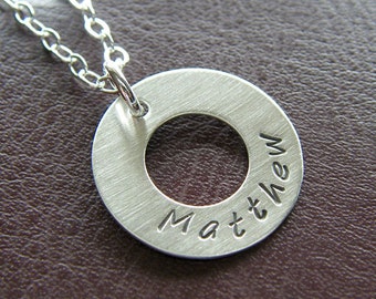 Personalized Silver Washer Necklace - Sterling Silver Hand Stamped 3/4" Custom Washer Necklace with Optional Birthstone or Pearl