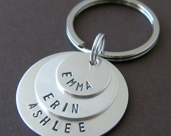 Personalized Silver Keychain - Hand Stamped Genuine Sterling Silver - Three Layered Charms with Names - Custom Key Chain