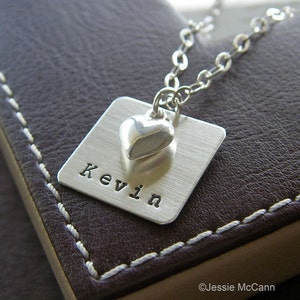Personalized Square Charm Necklace – Hand Stamped Sterling Silver – 3/4&quot; Square Pendant with Optional Puffed Heart Charm