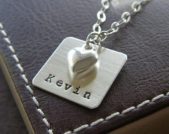 Personalized Square Charm Necklace – Hand Stamped Sterling Silver – 3/4" Square Pendant with Optional Puffed Heart Charm