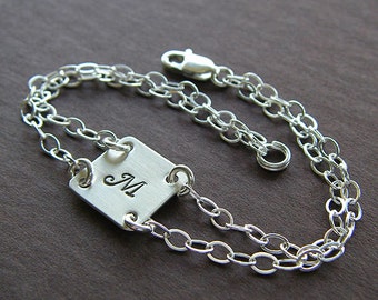 Custom Initial Bracelet - Personalized Sterling Silver Hand Stamped Charm Jewelry - Double Strand - 1/2" Square Charm