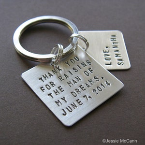 Custom Keychain - Personalized Gift for Father or Mother of the Groom - Hand Stamped Sterling Silver - 1&quot; and 3/4&quot; Square Charms
