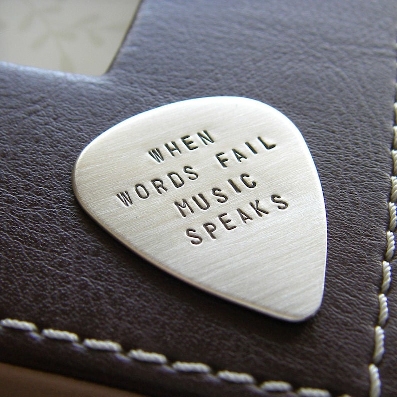 Custom Silver Guitar Pick Hand Stamped with Your Personalized Message Genuine Sterling Silver Pick with Leather Keychain Holder image 1