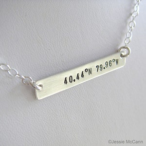 Longitude Latitude Silver Bar Necklace - Personalized GPS Coordinates - Hand Stamped Sterling Silver - Optional Birthstone or Pearl