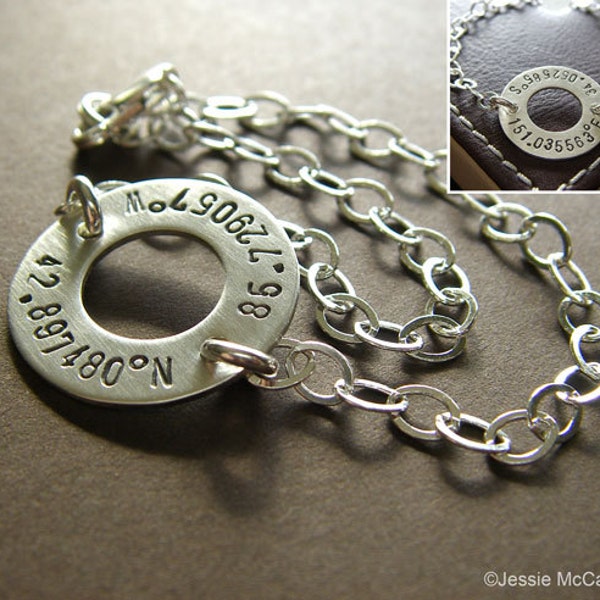 Longitude Latitude Silver Washer Bracelet - Personalized GPS Coordinates - Hand Stamped Sterling Silver Jewelry - Stamped on Both Sides