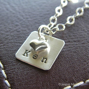 Personalized Silver Charm Necklace – Custom Hand Stamped Sterling Silver – 1/2&quot; Square Pendant with Optional Petite Puff Heart Charm