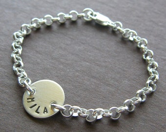 Custom Bracelet - Personalized Sterling Silver Hand Stamped Charm Jewelry - 1/2" Charm with Optional Birthstone in Rolo Chain