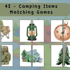 May include: Watercolour illustrations of camping items for a matching game. The image includes a folding chair, lantern, compass, backpack, tent, bicycle, and trees. The text at the top reads "42 - Camping Items Matching Games."