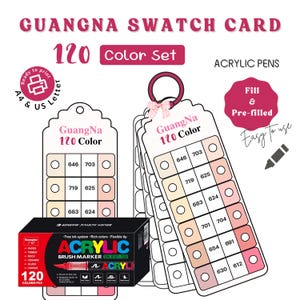 Op de afbeelding: Een set van 120 acryl brush markers met een kleurenpalet. De kleurenpalet is gelabeld "GuangNa 120 Color" en bevat kleurstalen. De doos met markers is zwart en rood met de tekst "ACRYLIC BRUSH MARKER".