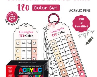 May include: A set of 120 acrylic brush markers with a swatch card. The swatch card is labeled "GuangNa 120 Color" and includes color samples. The box of markers is black and red with the text "ACRYLIC BRUSH MARKER".