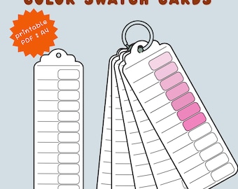 May include: Color swatch cards with a ring, featuring a series of rectangular cards. Some cards display pink color swatches. The text "COLOR SWATCH CARDS" is at the top. A separate card with the text "printable PDF : A4" is also present.