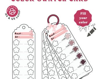May include: A white color swatch card with a pink header and flower-shaped color blocks. The card includes the text "COLOR SWATCH CARD", "Ready to print", and "Fill your color". The card is designed for color coding and branding.
