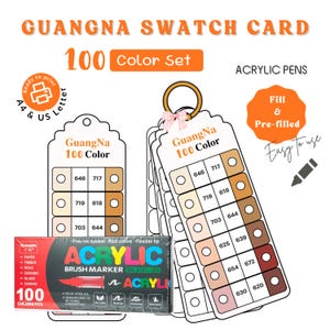 Puede incluir: Un juego de 100 rotuladores acrílicos con una tarjeta de muestras. La tarjeta de muestras muestra varios tonos de marrón y beige. El embalaje incluye el texto "ACRYLIC BRUSH MARKER" y "100 COLORS/PCS".