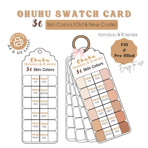 May include: A swatch card featuring 36 skin tone colours, labelled "Ohuhu Honolulu & B series." The card displays colour swatches with corresponding codes. The text "Ready to print" and "Easy to use" are also visible.
