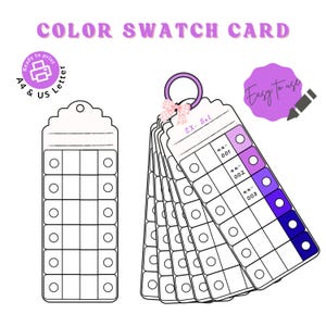 May include: Color swatch cards with a purple ring and a pink bow. The cards are white with a grid of squares and circles. The text "COLOR SWATCH CARD" is at the top. The cards are labeled "EX- Set" and numbered 001, 002, and 003.
