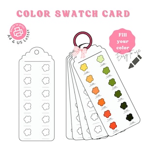 Puede incluir: Tarjeta de muestra de color con muestras de color en forma de flor. La tarjeta incluye el texto "COLOR SWATCH CARD", "Ready to print", "Fill your color" y "Easy to use". La tarjeta está diseñada para la codificación por color.