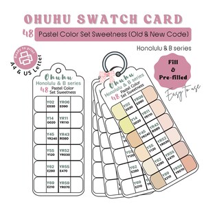 Pode incluir: Um conjunto de cartões de amostra de cores pastel para marcadores Ohuhu Honolulu & B series, com 48 cores. O cartão inclui amostras de cores com códigos, pronto para imprimir em papel A4 ou US Letter. O cartão é pré-preenchido e fácil de usar.