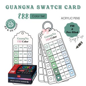 Könnte beinhalten: Ein Set mit 288 Acryl-Pinselmarkern mit Farbmusterkarten. Die Karten sind mit Farbcode-Nummern und dem Text "GuangNa 288 Color" beschriftet. Die Markerbox ist mehrfarbig, und die Karten sind mit einer rosa Schleife befestigt.