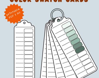 May include: Color swatch cards with a ring, featuring a series of rectangular cards with color swatches in shades of green. The text "COLOR SWATCH CARDS" is at the top, with a tag that says "printable PDF : A4".