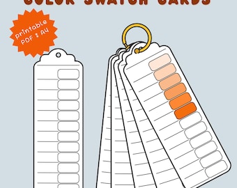 May include: Color swatch cards with a ring, featuring a series of white cards with color blocks. The cards are attached to a gold ring. The text "COLOR SWATCH CARDS" is at the top. A separate card is shown with the text "printable PDF : A4".