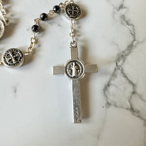 Handmade Saint Benedict Rosary Necklace – Black Hematite Beads With Silver Medals And Enamel Crucifix, Includes Velvet Bag