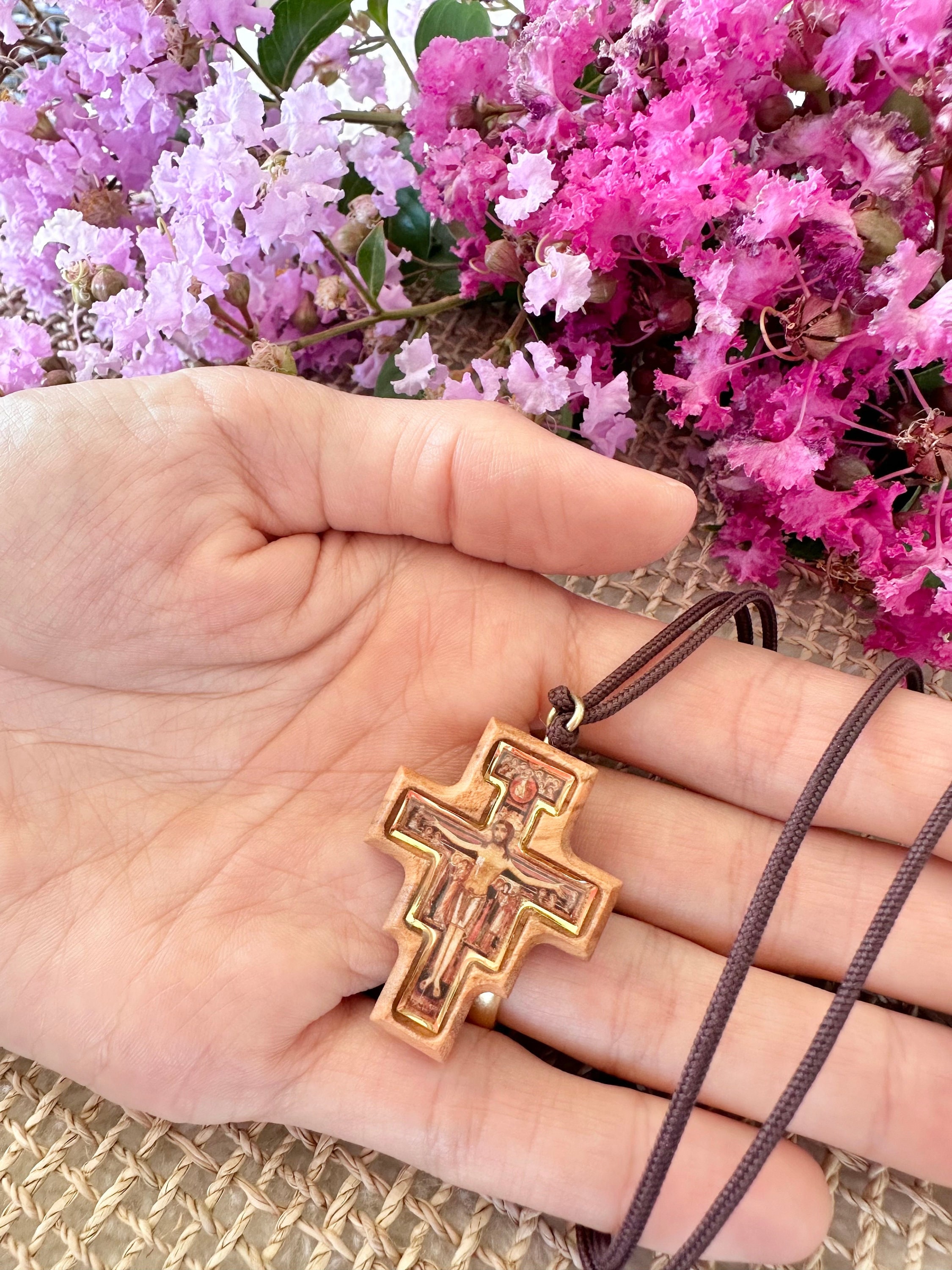 San Damiano Olive Wood Cross on Cord | Necklace 4cm (1.58in) Cross