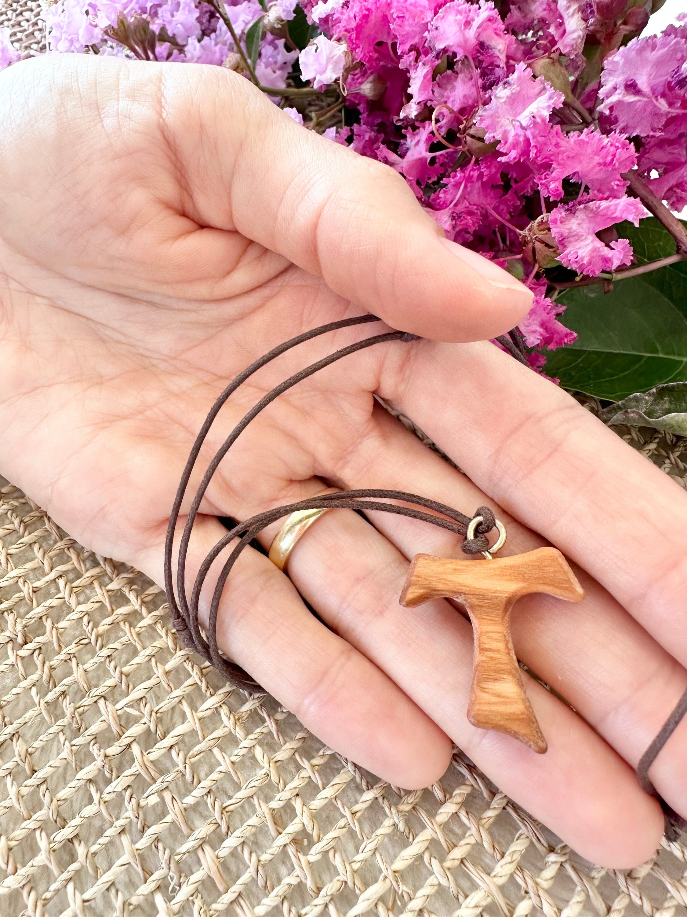 Franciscan Tau Olive Wood Cross on Cord Necklace 2.7cm 1.06in Cross Size St. Francis of Assisi St. Anthony s Cross