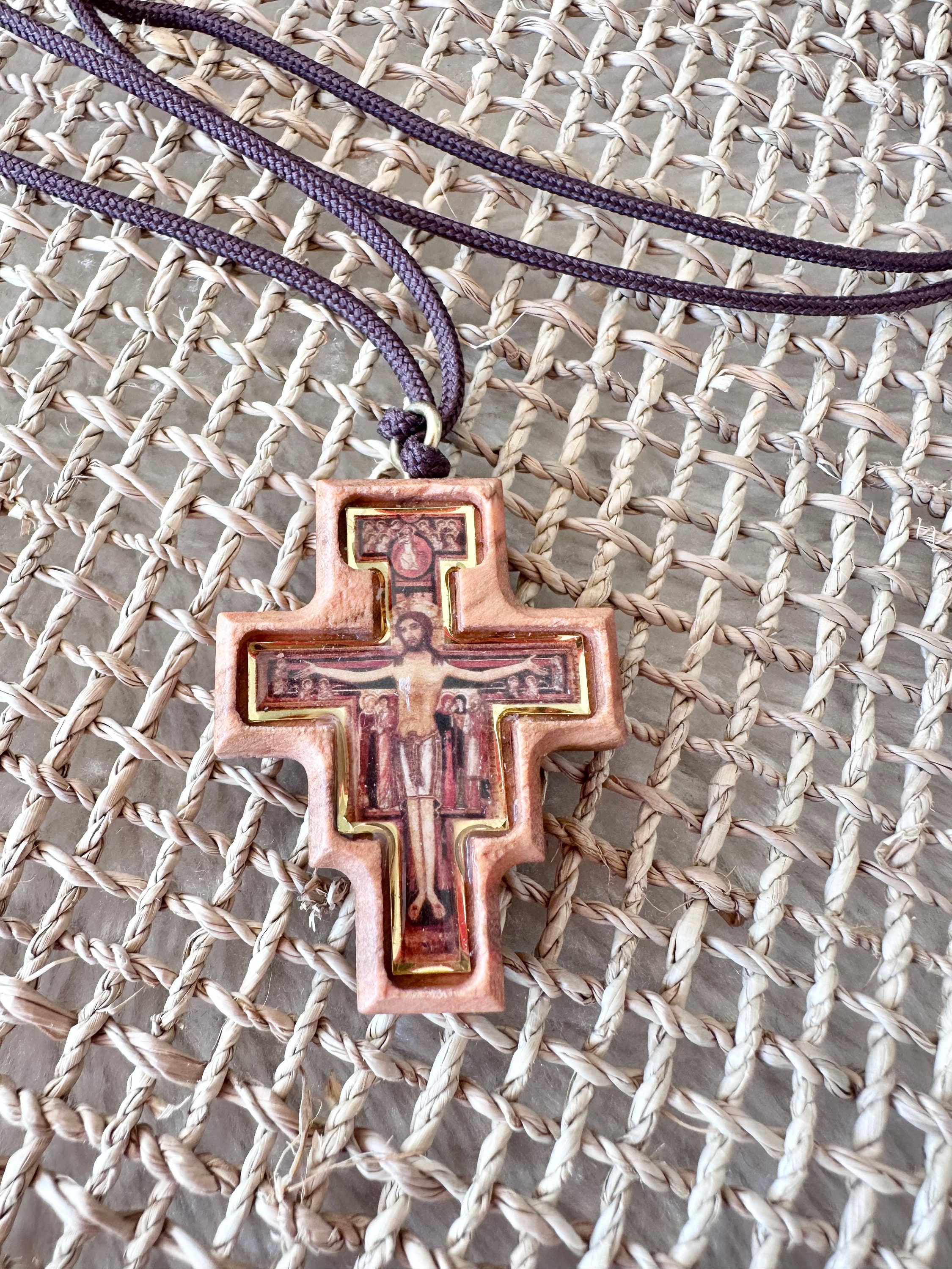 San Damiano Olive Wood Cross on Cord | Necklace 4cm (1.58in) Cross