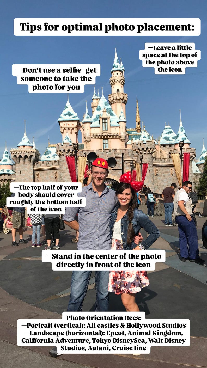 May include: Tips for optimal photo placement at a theme park. The text advises to avoid selfies, stand in the center of the photo, and leave space at the top of the photo. The image shows a couple posing in front of a castle.