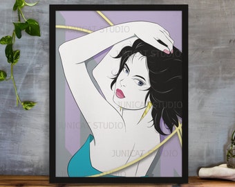 Lily, 9x12 Art Print, 1980's inspired,  Retro Woman, Patrick Nagel Inspired, Art Print, Illustration Print, 1980s, Wall Art, Unframed