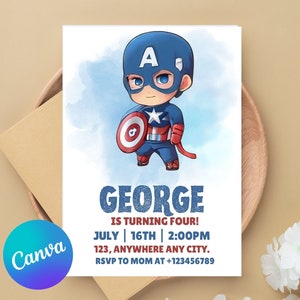 Biglietti d'invito per il compleanno di Capitan America personalizzabili, biglietti d'invito per il compleanno dei bambini, biglietti di auguri per il compleanno dei supereroi, compleanno di Capitan America.