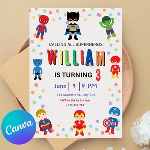 Editable Superheroes Birthday Invitation Template Printable Birthday Party Invitation Kids Party Invite Template Superhero Bday Card