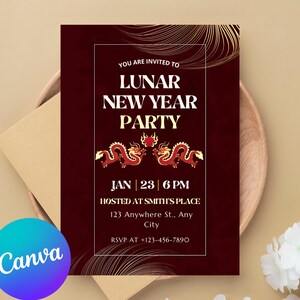Chinese New Year Invitation Template, Red and Gold Lunar New Year Invite, Chinese Hanging Lantern, DIY Editable Celebration Party Invitation