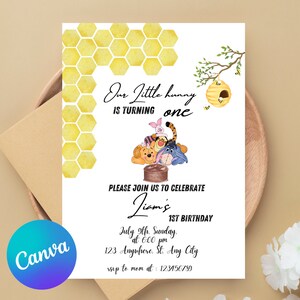 Editable Winnie the Pooh Birthday Invitation Template, Printable Little Hunny 1st Birthday Invite, Pooh Birthday Invitation Template for Kid