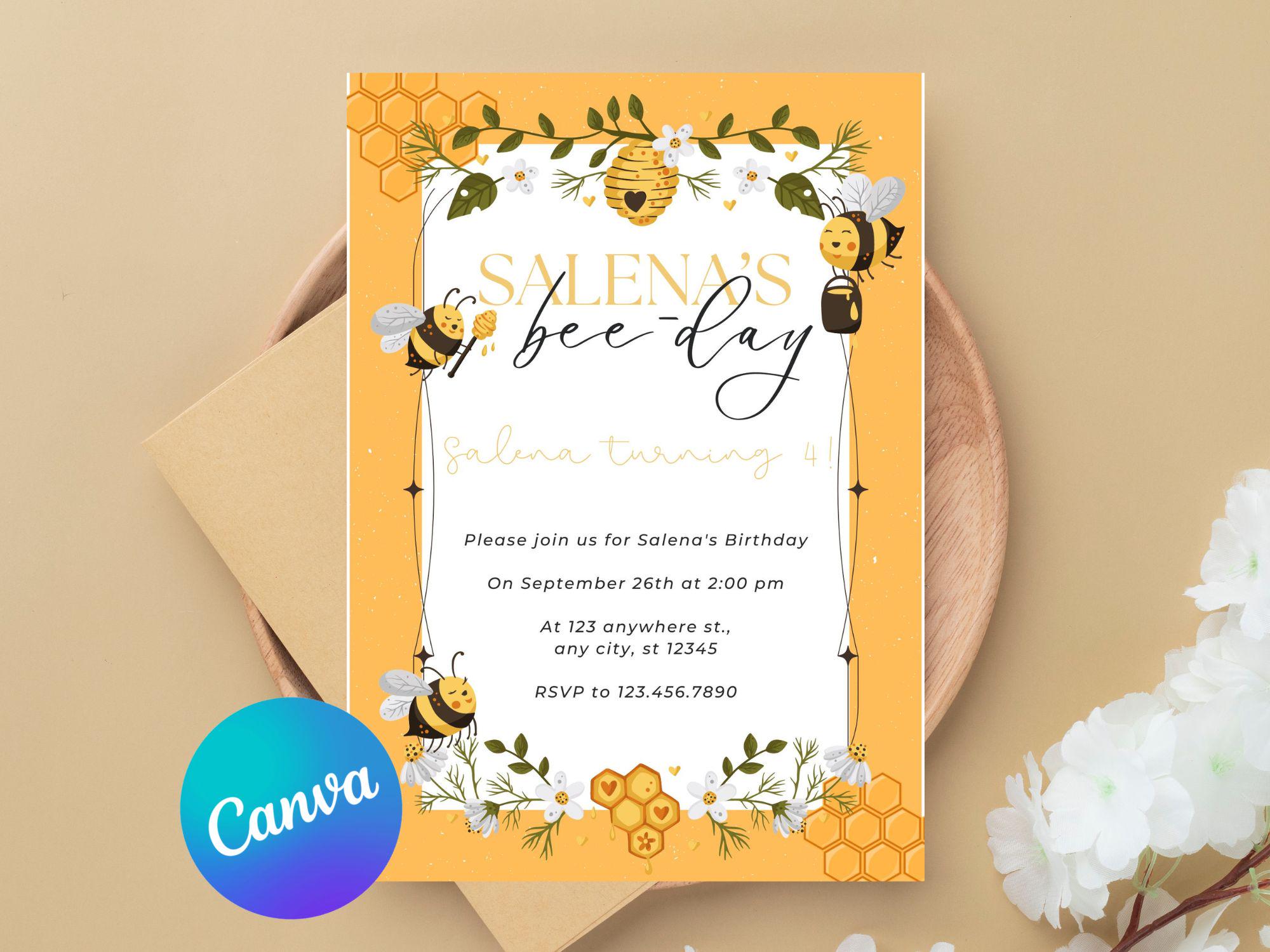 Editable Bee Birthday Invitation Bee Birthday, Honey Bee Invitation Invitation Template Honeycomb
