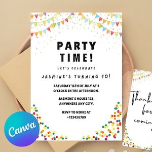 Modèle d'invitation d'anniversaire modifiable de confettis colorés, invitation de fête d'anniversaire colorée imprimable, modèle d'anniversaire de confettis colorés pour enfants.