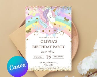 Editable Unicorn Birthday Invite, Pink Unicorn, Colorful Birthday Party, Printable template, Digital Instant Download, Invitation Template