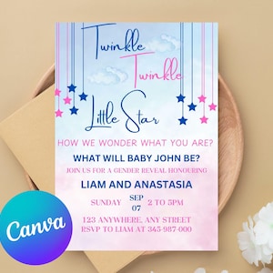BEWERKBARE Twinkle Little Star babyshower uitnodiging, lucht, sterren, afdrukbaar, digitaal, sjabloon, ruimte, melkweg, neutraal