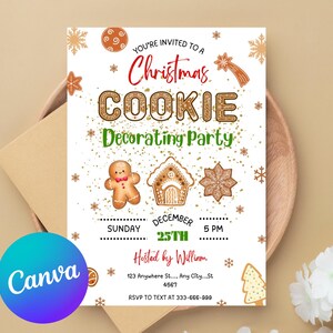 Invito per la festa dei biscotti di Natale Invito per la festa di decorazione Invito per la festa delle vacanze Invito per la festa dei biscotti Modello di Canva modificabile di pan di zenzero