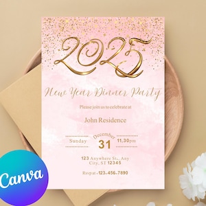 Neujahrspartyeinladung druckbar, Feiertagspartyeinladung, bearbeitbarer Canva-Download, Roségold-Glitter Silvester einladen 2025.