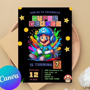 Super Mario & Yoshi Birthday Invitation Digital Download with FREE Thank You Tags and Mario Phone Invitation Customizable on Canva template