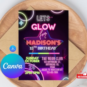 Editable Neon Glow Party Birthday Invitation, Teen Girl 13th Birthday Digital Invite, Glow in the Dark Party, Instant Download