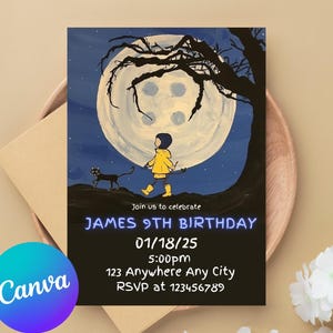 Convite Coraline editável Canva, Cartão de convite de aniversário Coraline para impressão, Festa de aniversário Coraline, Convite digital de aniversário Coraline