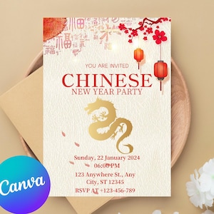 Chinese New Year Invitation Template, Red and Gold Lunar New Year Invite, Chinese Hanging Lantern, DIY Editable Celebration Party Invitation